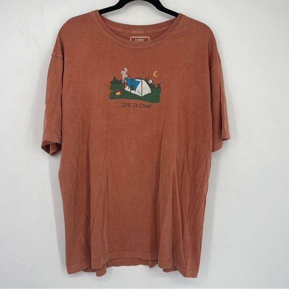 Life Is Crap Men’s Large Orange Short Sleeve Tee T Shirt Camping Camper Tent L - Picture 1 of 4